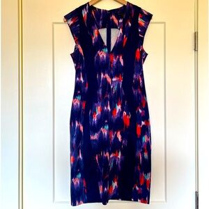 French Connection Purple Abstract Print Bodycon Dress with Stretch, Size 8.